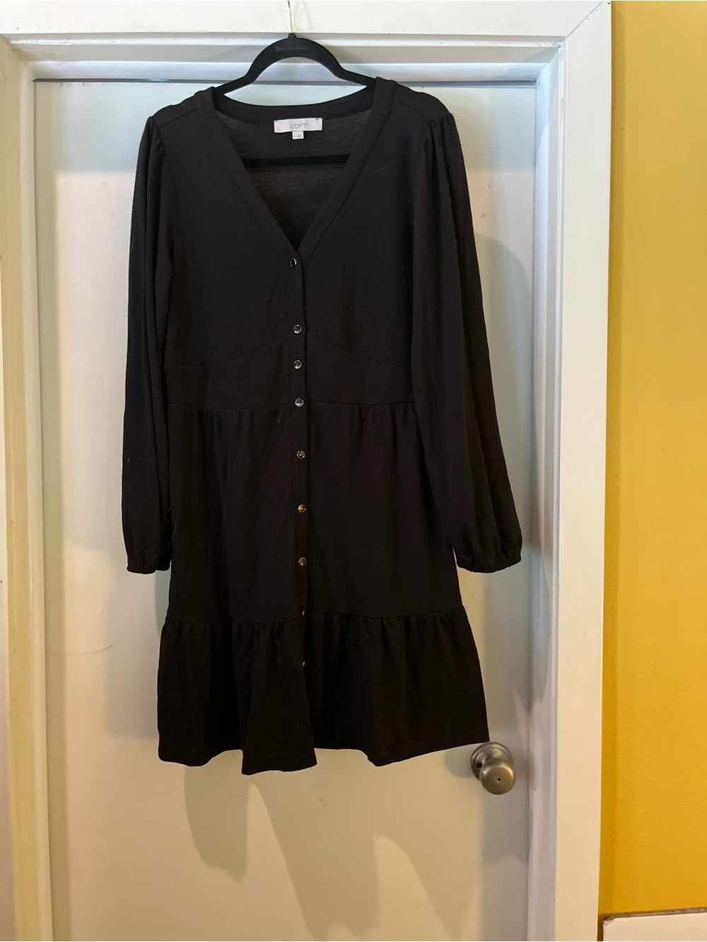LOFT Black Button-Front Long Sleeve Tiered Dress